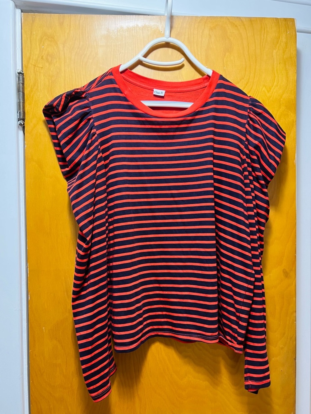 Clare V Red and Navy Puff-Sleeve Striped Long-Sleeve Tee - Picture 4 of 15